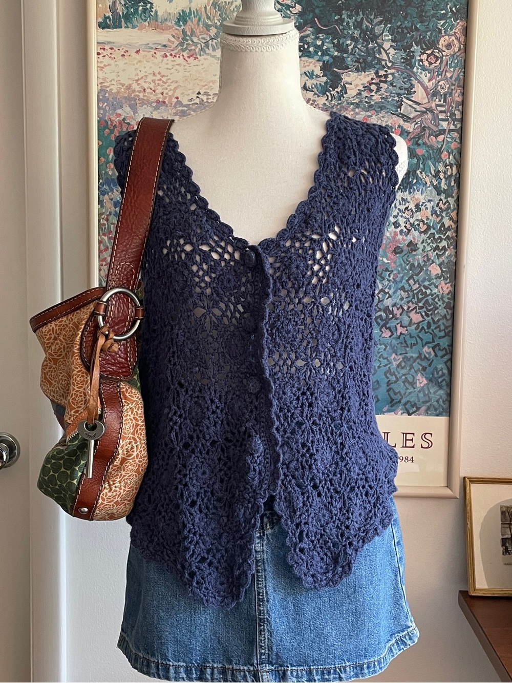 Vintage Crochet Vest Top Medium Blue Scallop Button Down Cottagecore Boho 90s